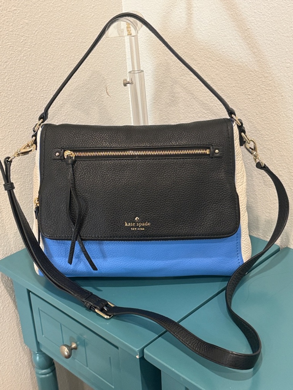 kate spade Black, Blue & White Colorblock Leather Shoulder Bag